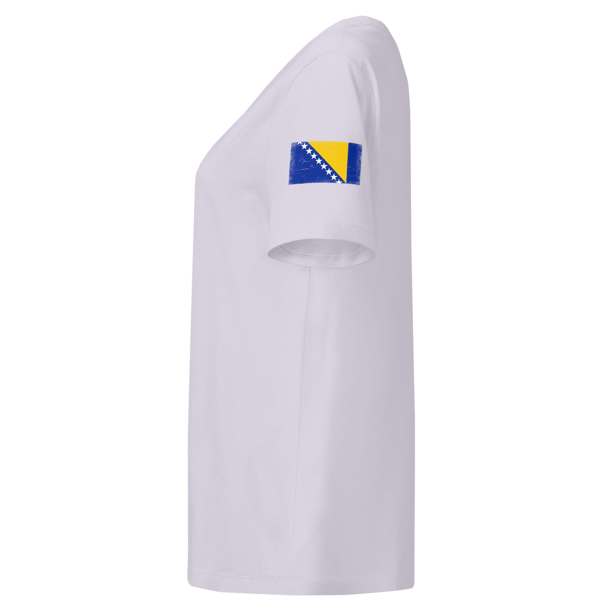 Bosnia and Herzegovina flag t-shirt in Lavender, vintage-washed print, flag badge on the left sleeve, women cut, side view