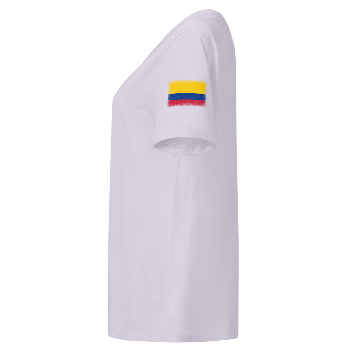 Colombia flag t-shirt in Lavender, vintage-washed print, flag badge on the left sleeve, women cut, side view