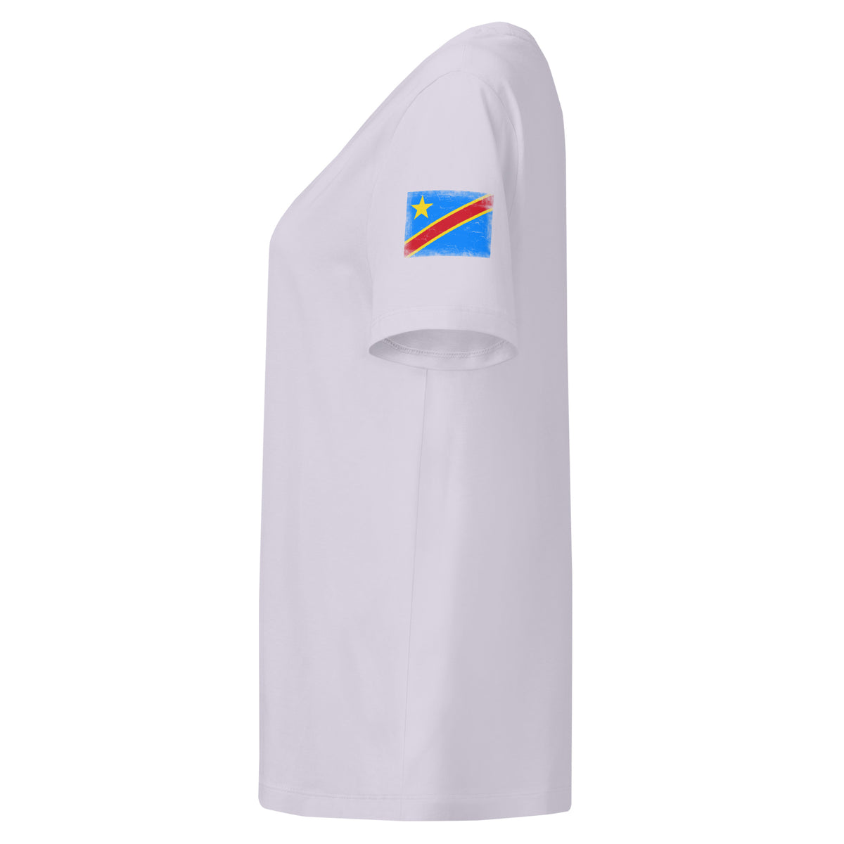 Congo flag t-shirt in Lavender, vintage-washed print, flag badge on the left sleeve, women cut, side view