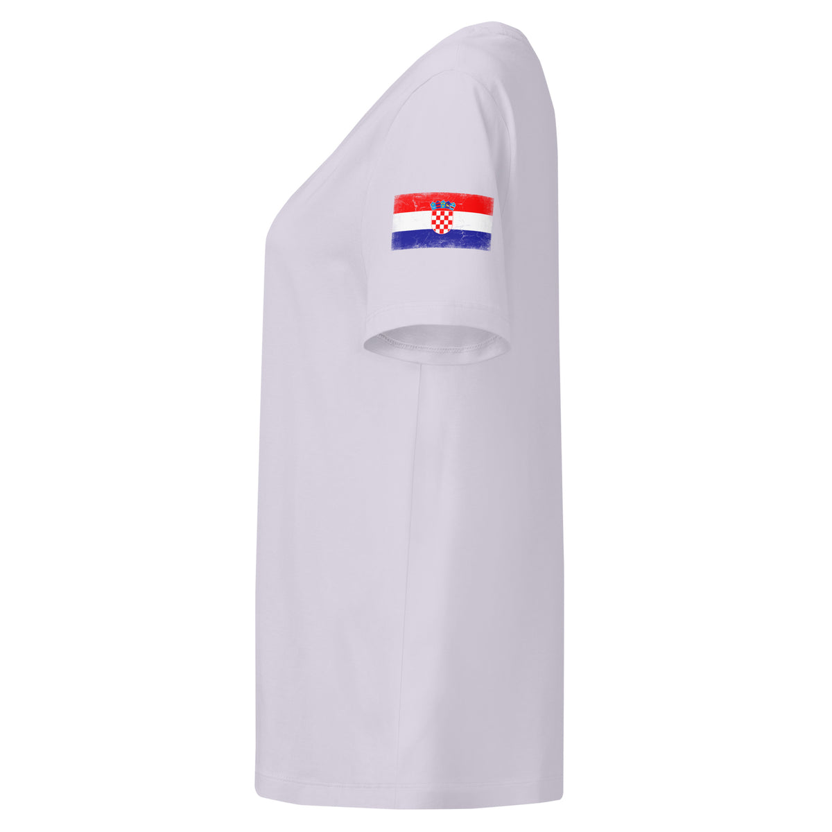Croatia flag t-shirt in Lavender, vintage-washed print, flag badge on the left sleeve, women cut, side view
