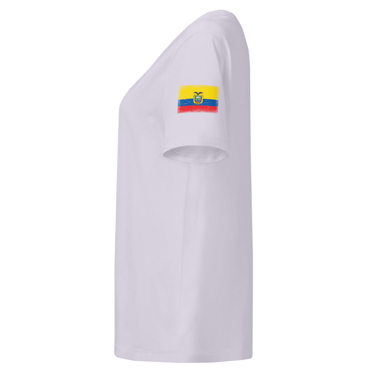 Ecuador flag t-shirt in Lavender, vintage-washed print, flag badge on the left sleeve, women cut, side view