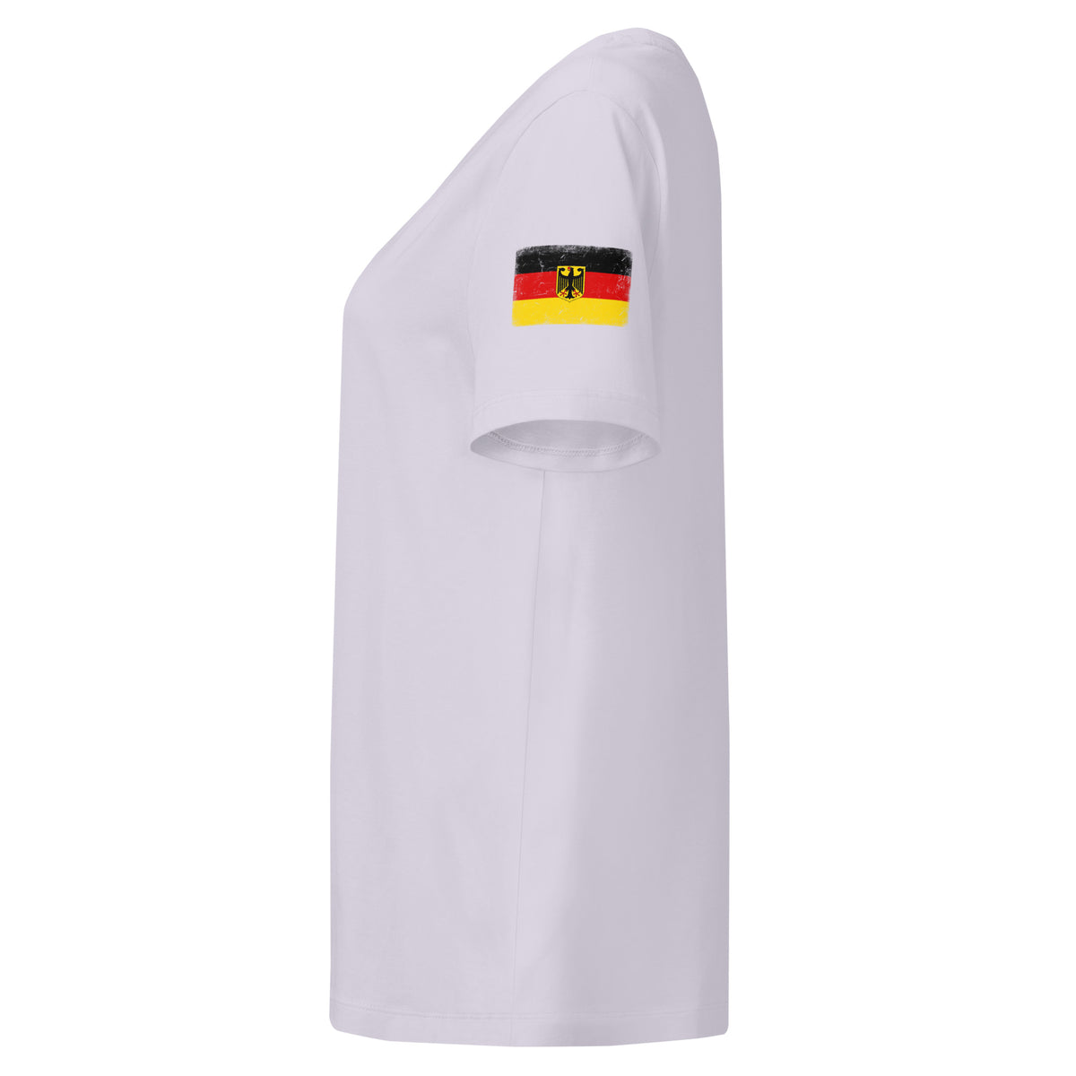 Germany flag t-shirt in Lavender, vintage-washed print, flag badge on the left sleeve, women cut, side view