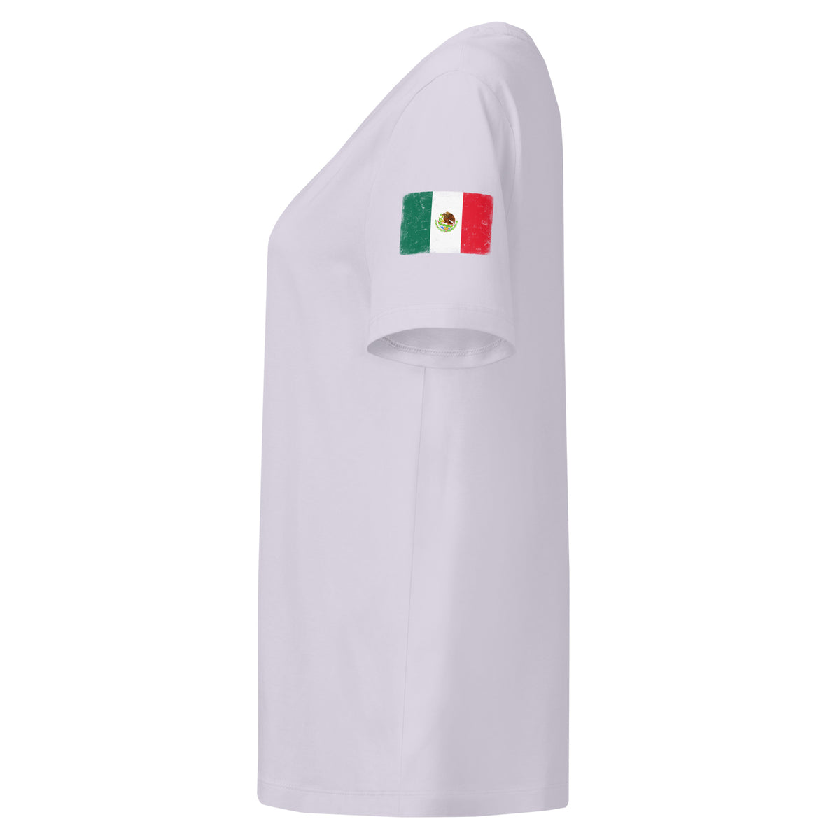 Mexico flag t-shirt in Lavender, vintage-washed print, flag badge on the left sleeve, women cut, side view