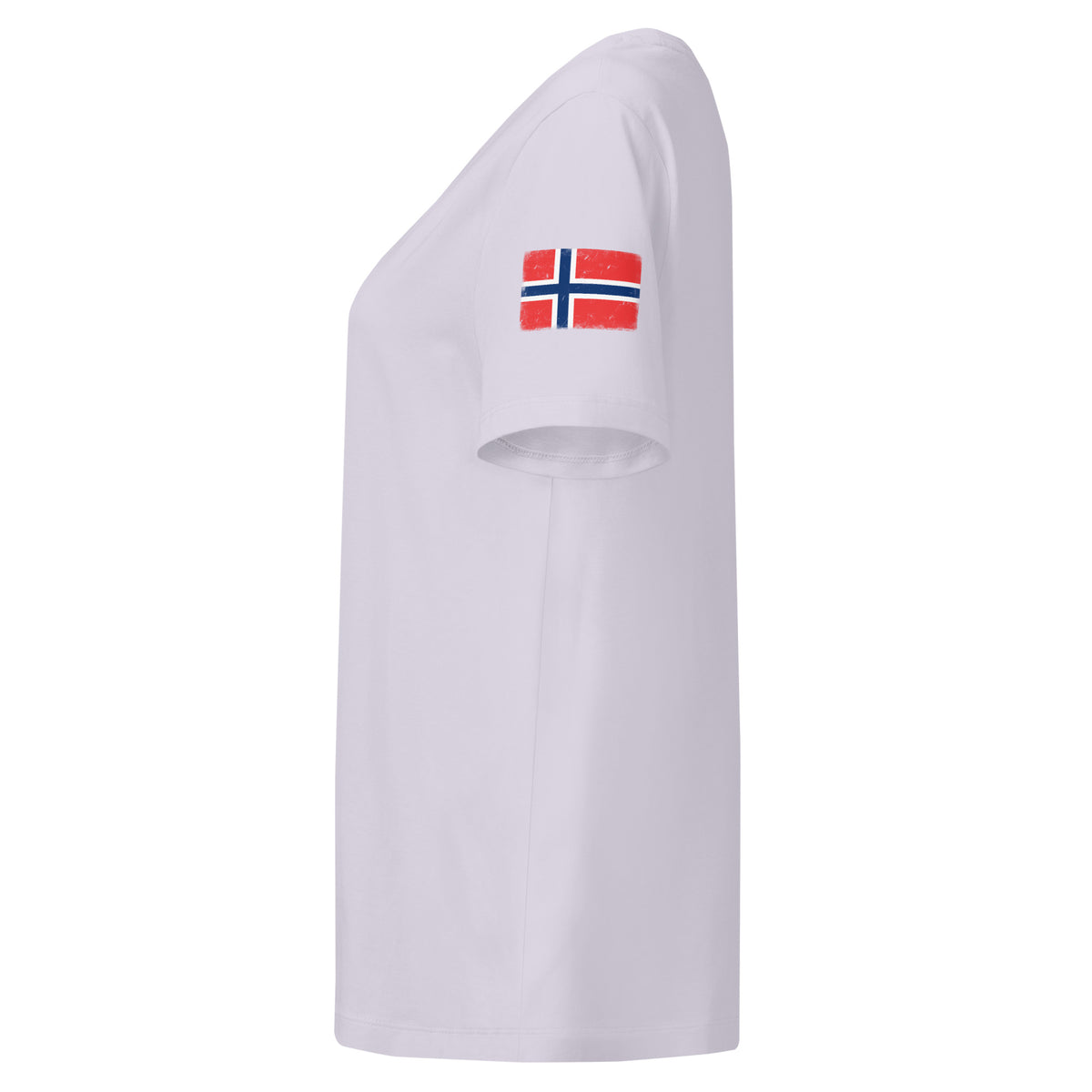 Norway flag t-shirt in Lavender, vintage-washed print, flag badge on the left sleeve, women cut, side view