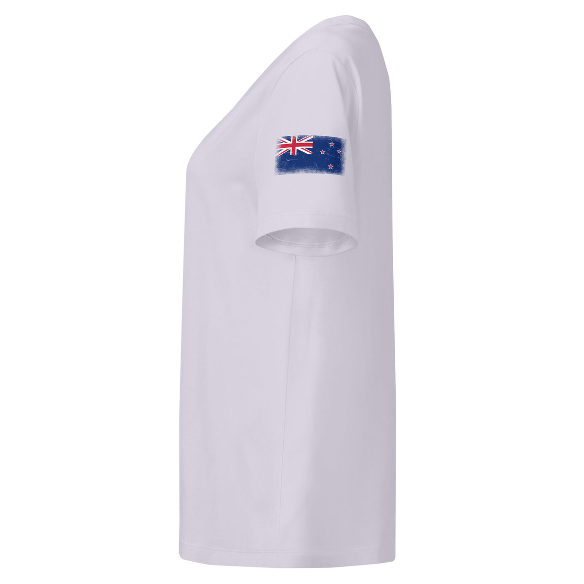 New Zealand flag t-shirt in Lavender, vintage-washed print, flag badge on the left sleeve, women cut, side view