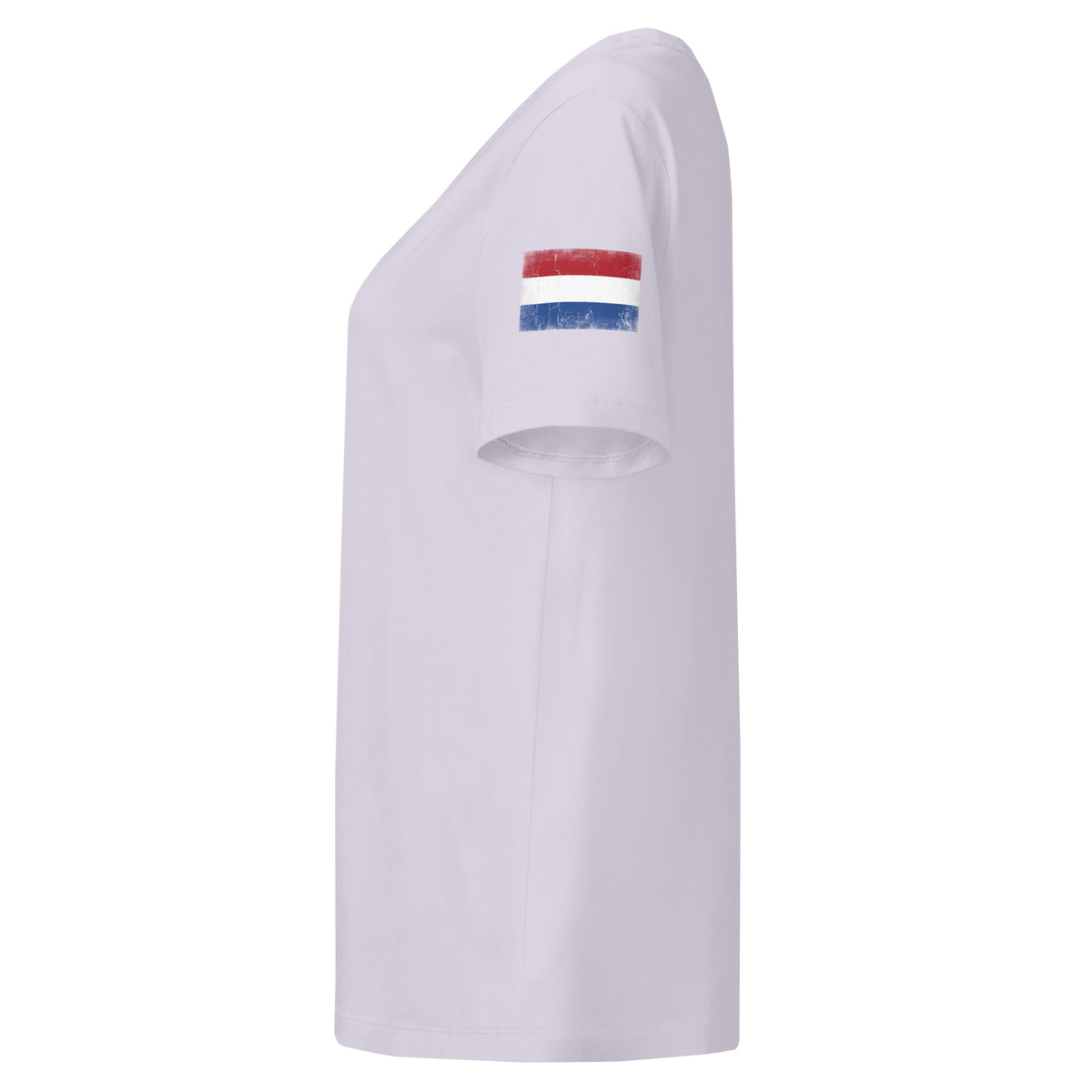 Netherlands flag t-shirt in Lavender, vintage-washed print, flag badge on the left sleeve, women cut, side view