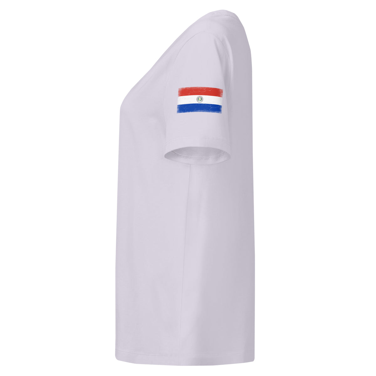 Paraguay flag t-shirt in Lavender, vintage-washed print, flag badge on the left sleeve, women cut, side view