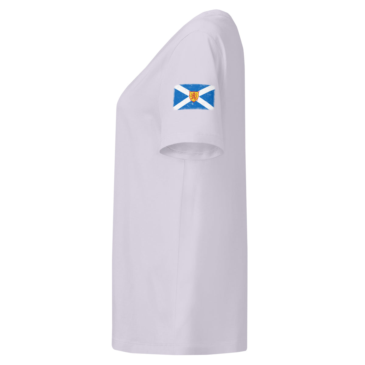 Scotland flag t-shirt in Lavender, vintage-washed print, flag badge on the left sleeve, women cut, side view