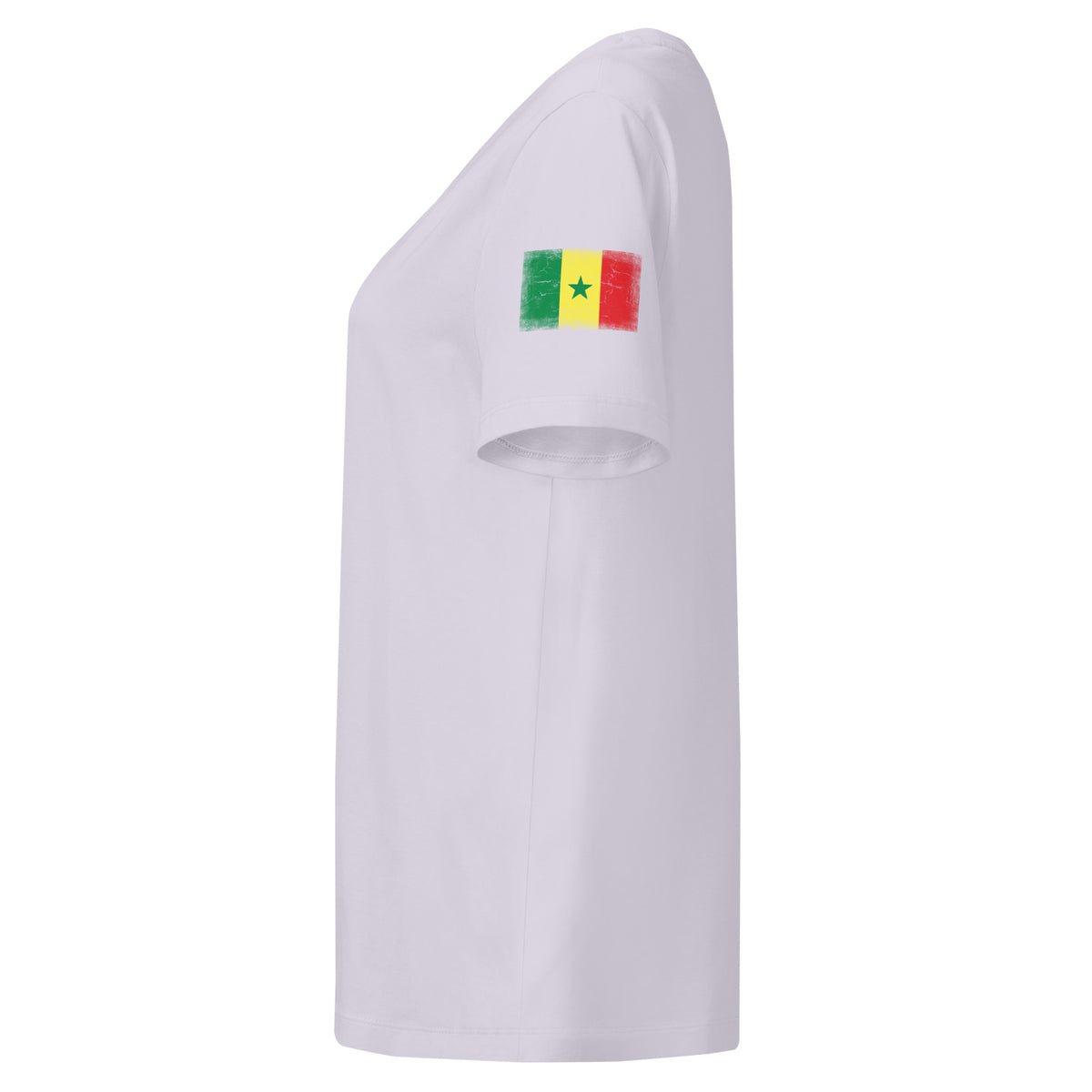 Senegal flag t-shirt in Lavender, vintage-washed print, flag badge on the left sleeve, women cut, side view