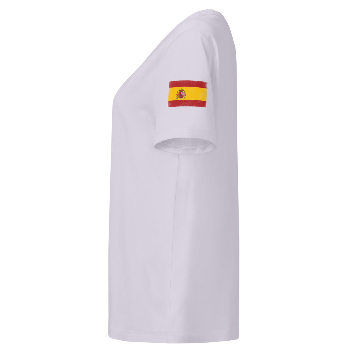 Spain flag t-shirt in Lavender, vintage-washed print, flag badge on the left sleeve, women cut, side view