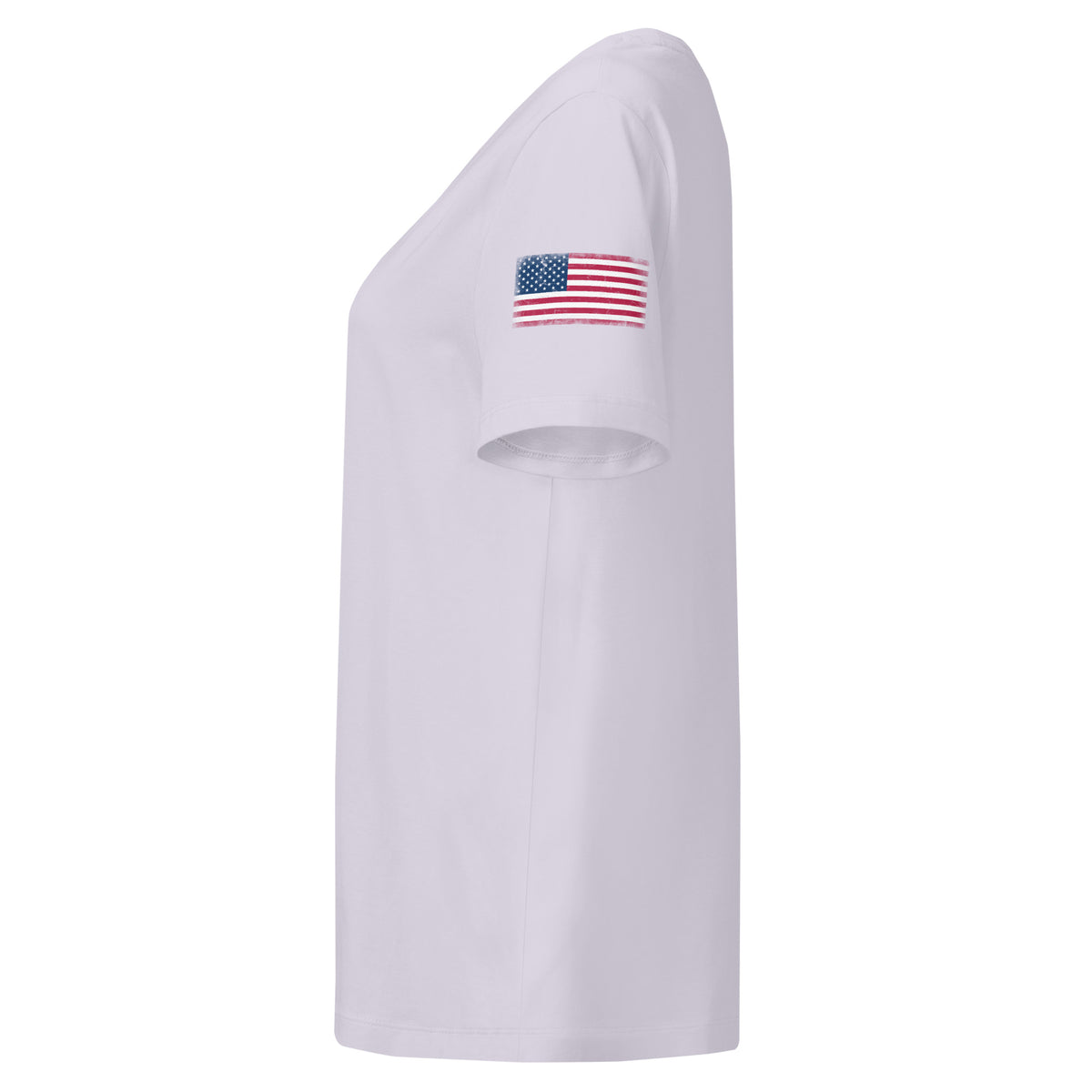 USA flag t-shirt in Lavender, vintage-washed print, flag badge on the left sleeve, women cut, side view