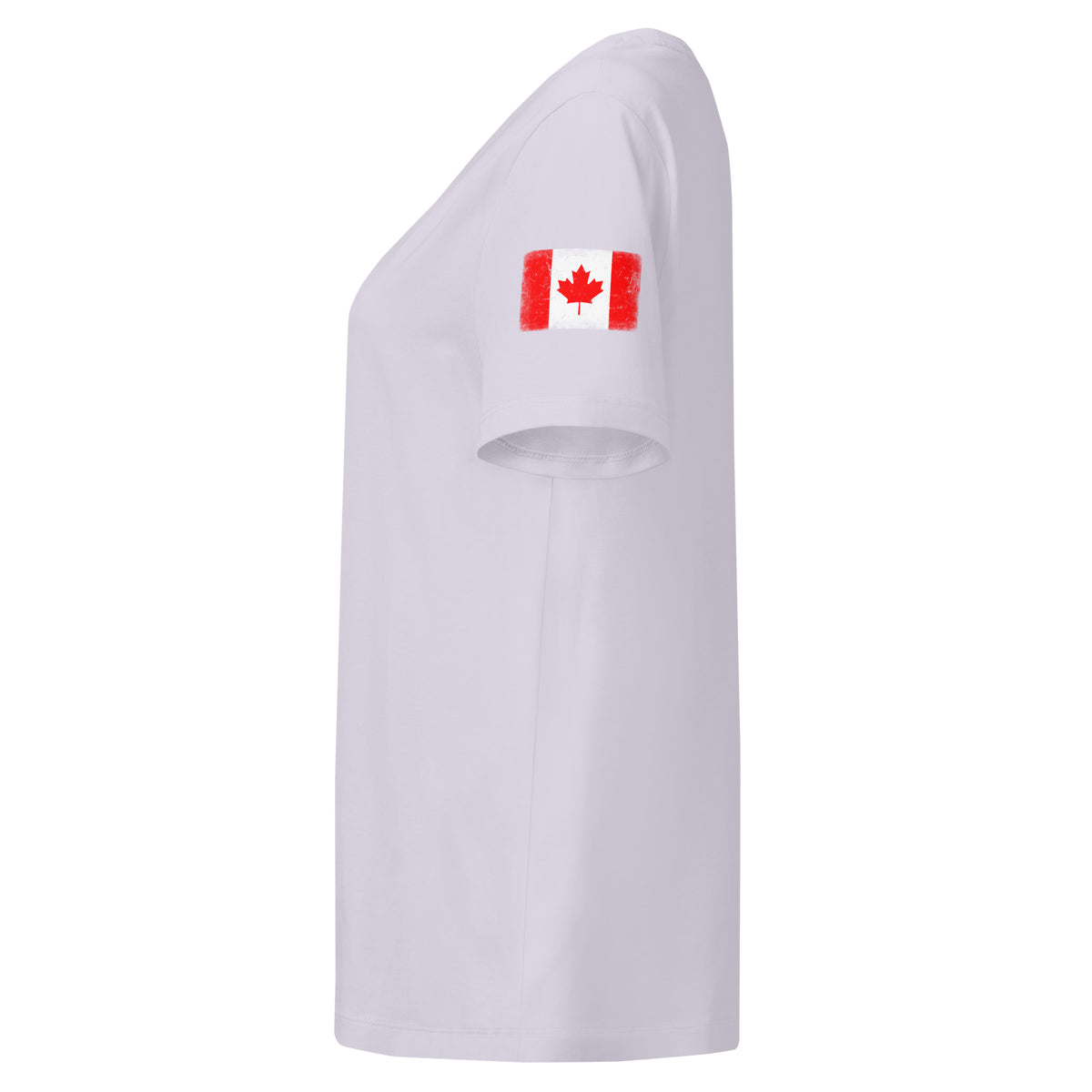 Canada flag t-shirt in Lavender, vintage-washed print, flag badge on the left sleeve, women cut, side view