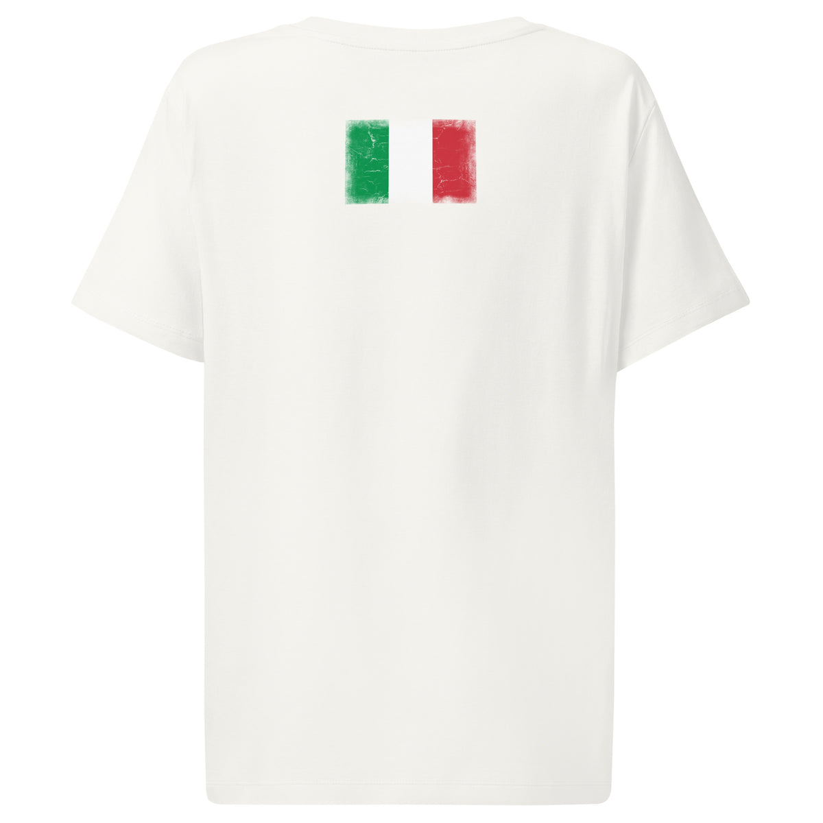 Italy flag t-shirt in Off White, vintage-washed print, flag across the upper back, women cut, back view