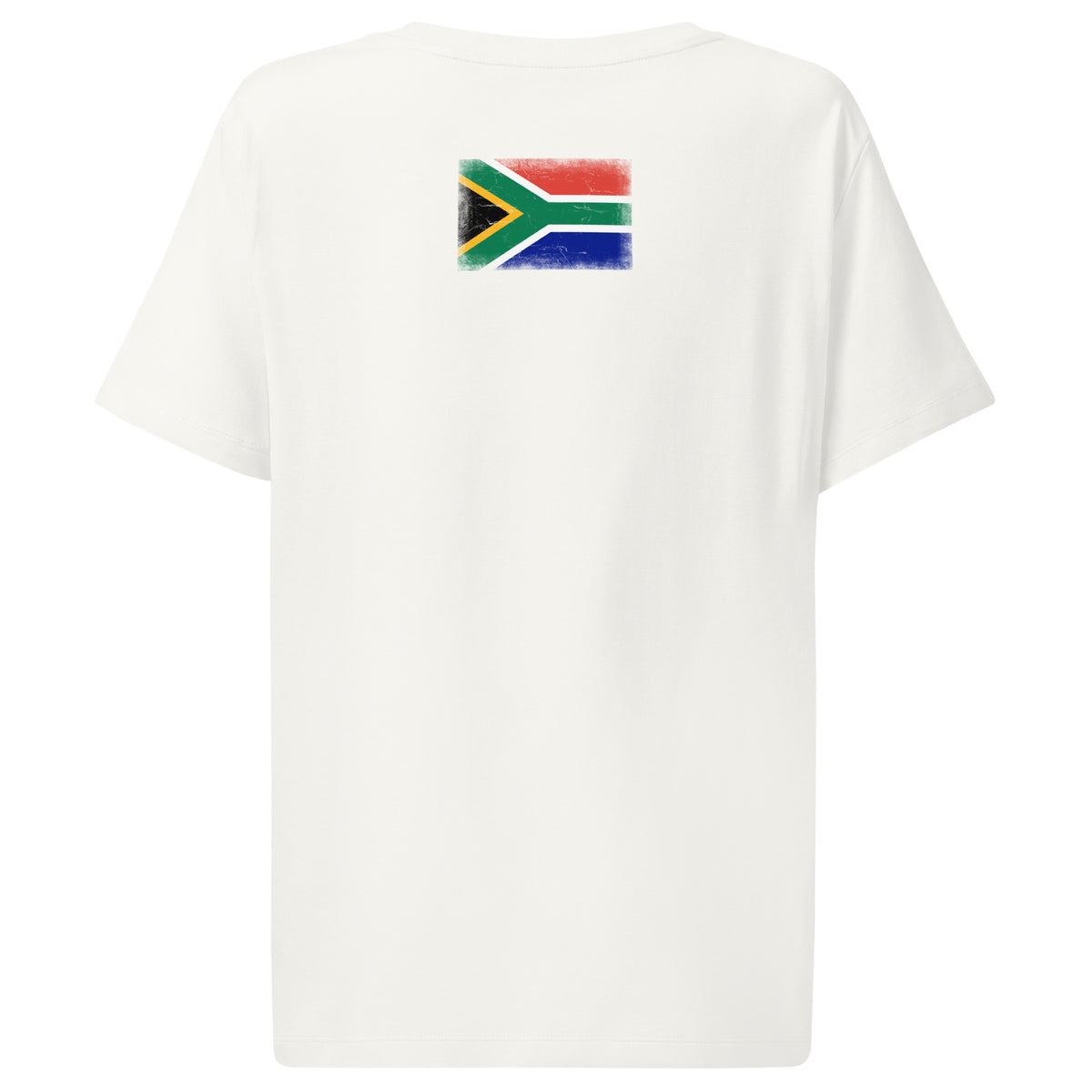 South Africa flag t-shirt in Off White, vintage-washed print, flag across the upper back, women cut, back view