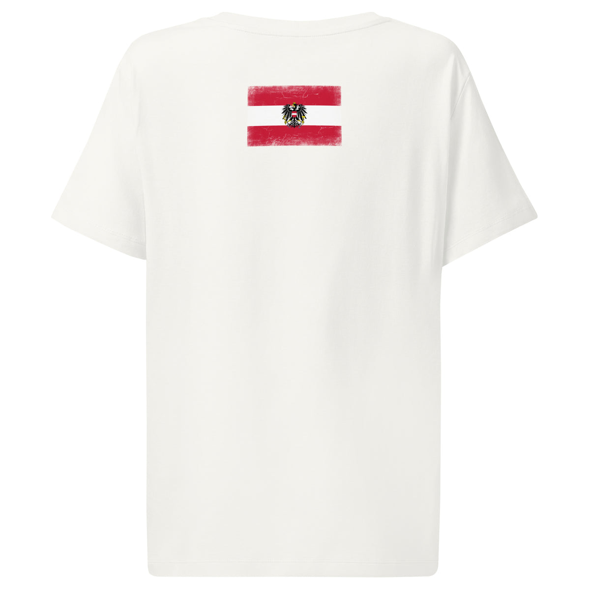 Austria flag t-shirt in White, vintage-washed print, flag across the upper back, women cut, back view