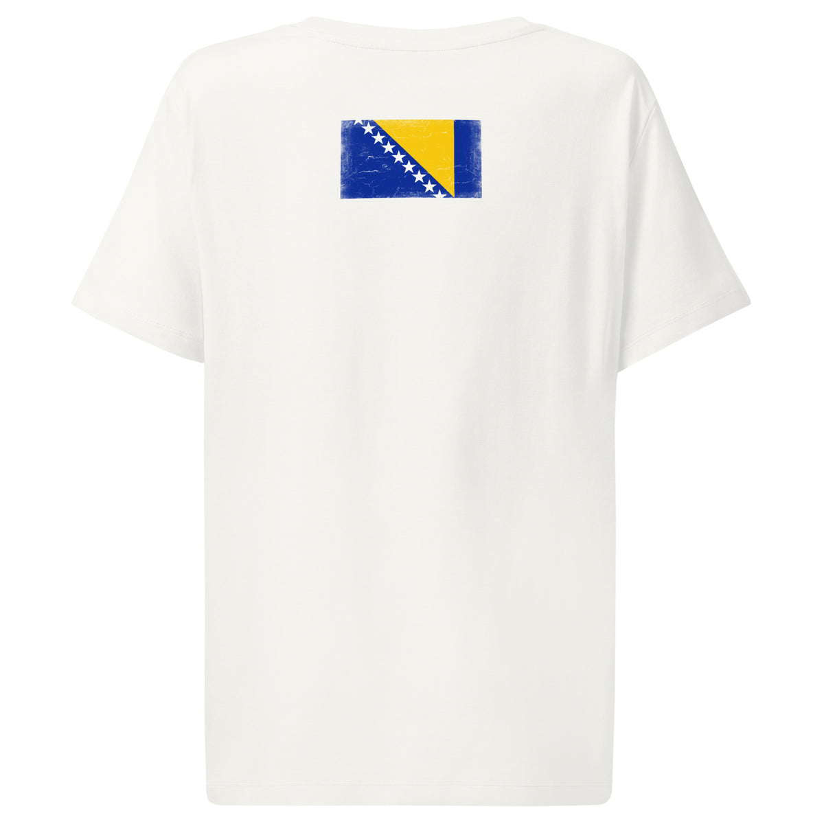 Bosnia and Herzegovina flag t-shirt in Off White, vintage-washed print, flag across the upper back, women cut, back view