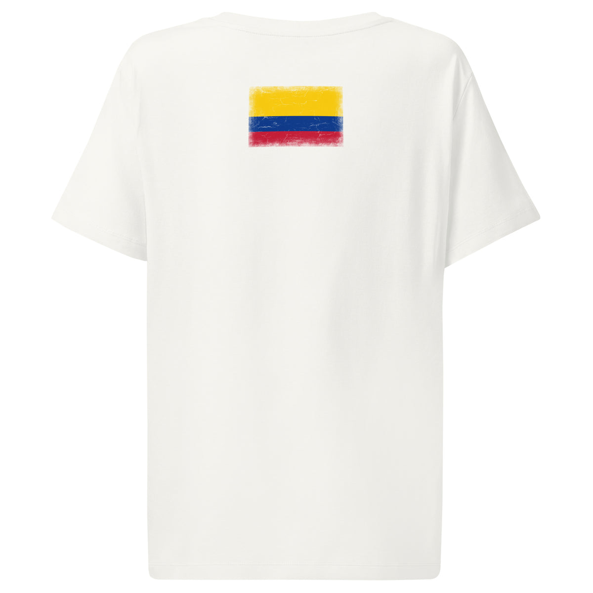 Colombia flag t-shirt in White, vintage-washed print, flag across the upper back, women cut, back view