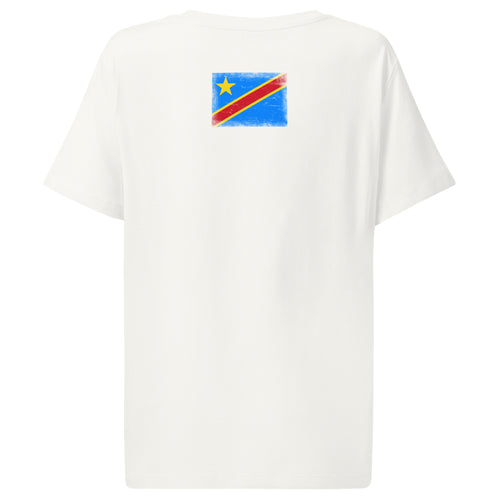 Congo flag t-shirt in Off White, vintage-washed print, flag across the upper back, women cut, back view