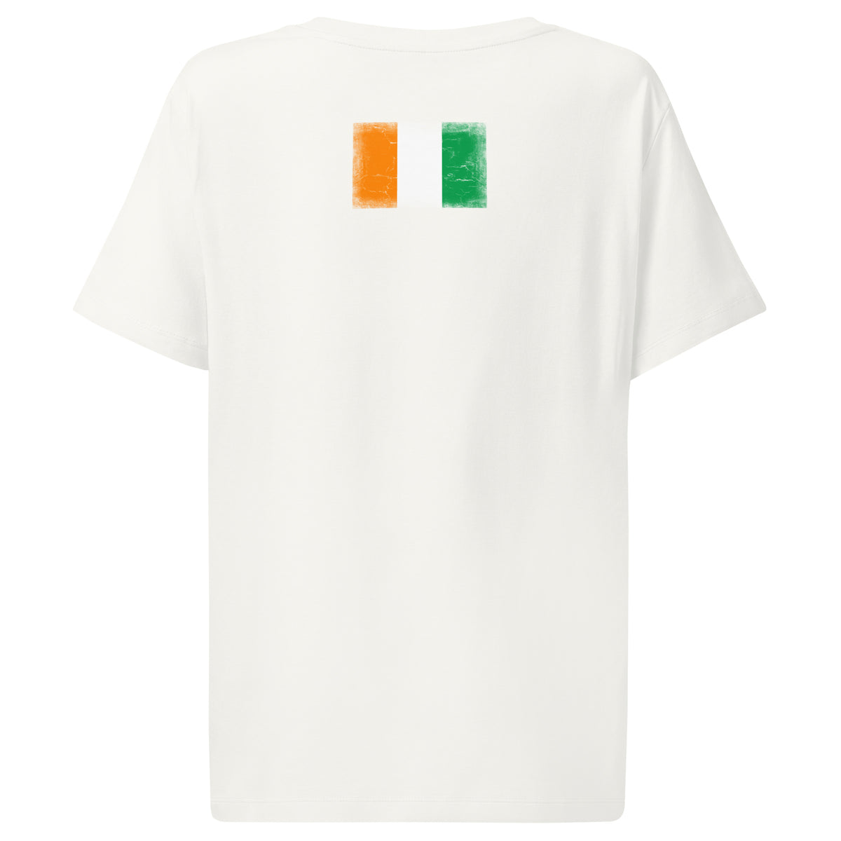Côte d'Ivoire flag t-shirt in Off White, vintage-washed print, flag across the upper back, women cut, back view