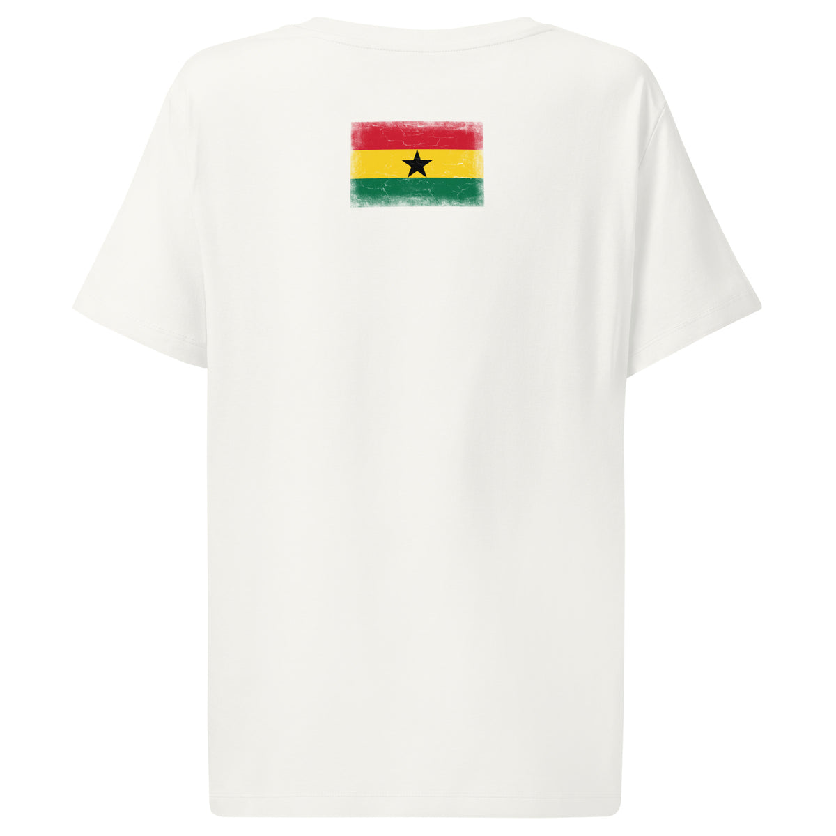 Ghana flag t-shirt in Off White, vintage-washed print, flag across the upper back, women cut, back view