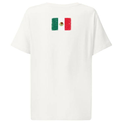 Mexico flag t-shirt in Off White, vintage-washed print, flag across the upper back, women cut, back view