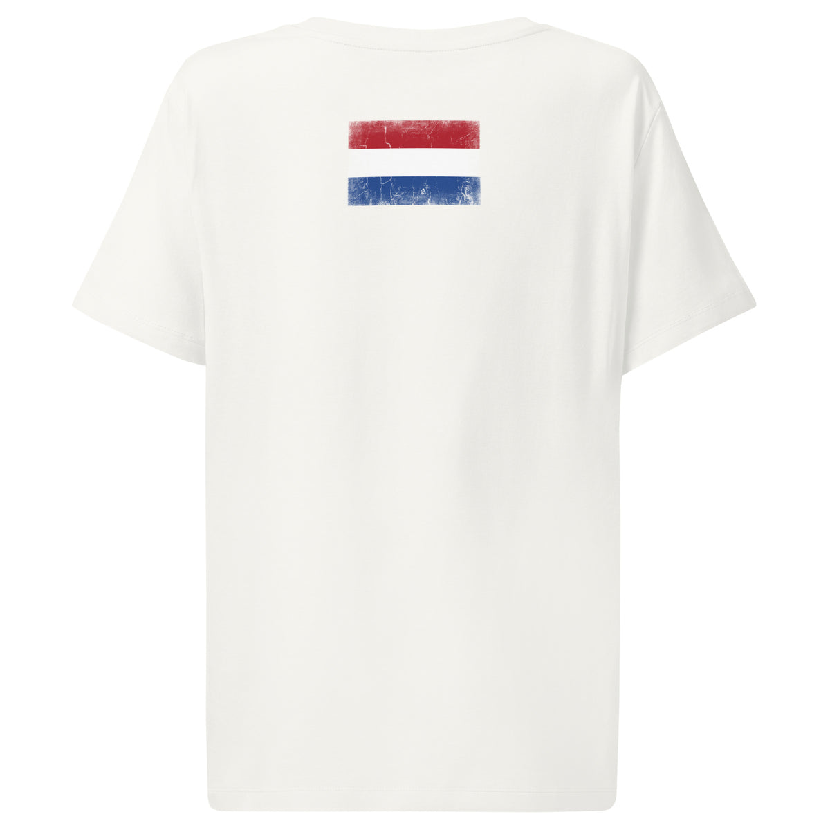 Netherlands flag t-shirt in White, vintage-washed print, flag across the upper back, women cut, back view
