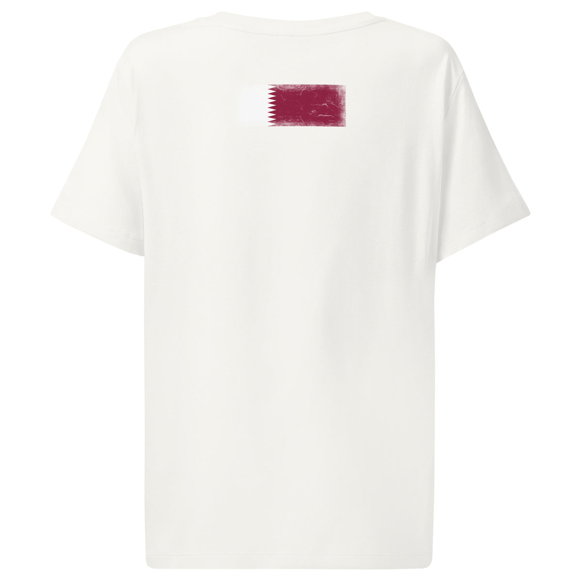 Qatar flag t-shirt in White, vintage-washed print, flag across the upper back, women cut, back view