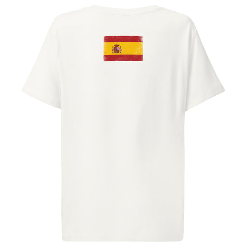 Spain flag t-shirt in White, vintage-washed print, flag across the upper back, women cut, back view