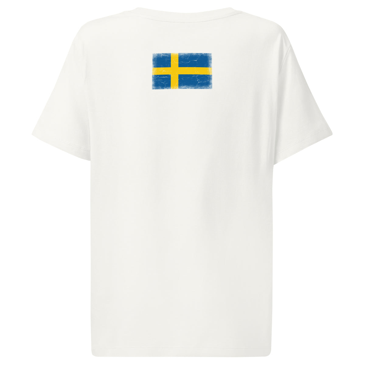 Sweden flag t-shirt in Off White, vintage-washed print, flag across the upper back, women cut, back view