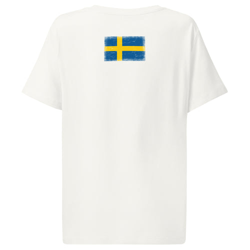 Sweden flag t-shirt in Off White, vintage-washed print, flag across the upper back, women cut, back view