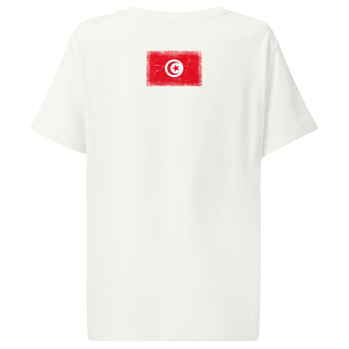 Tunisia flag t-shirt in Off White, vintage-washed print, flag across the upper back, women cut, back view