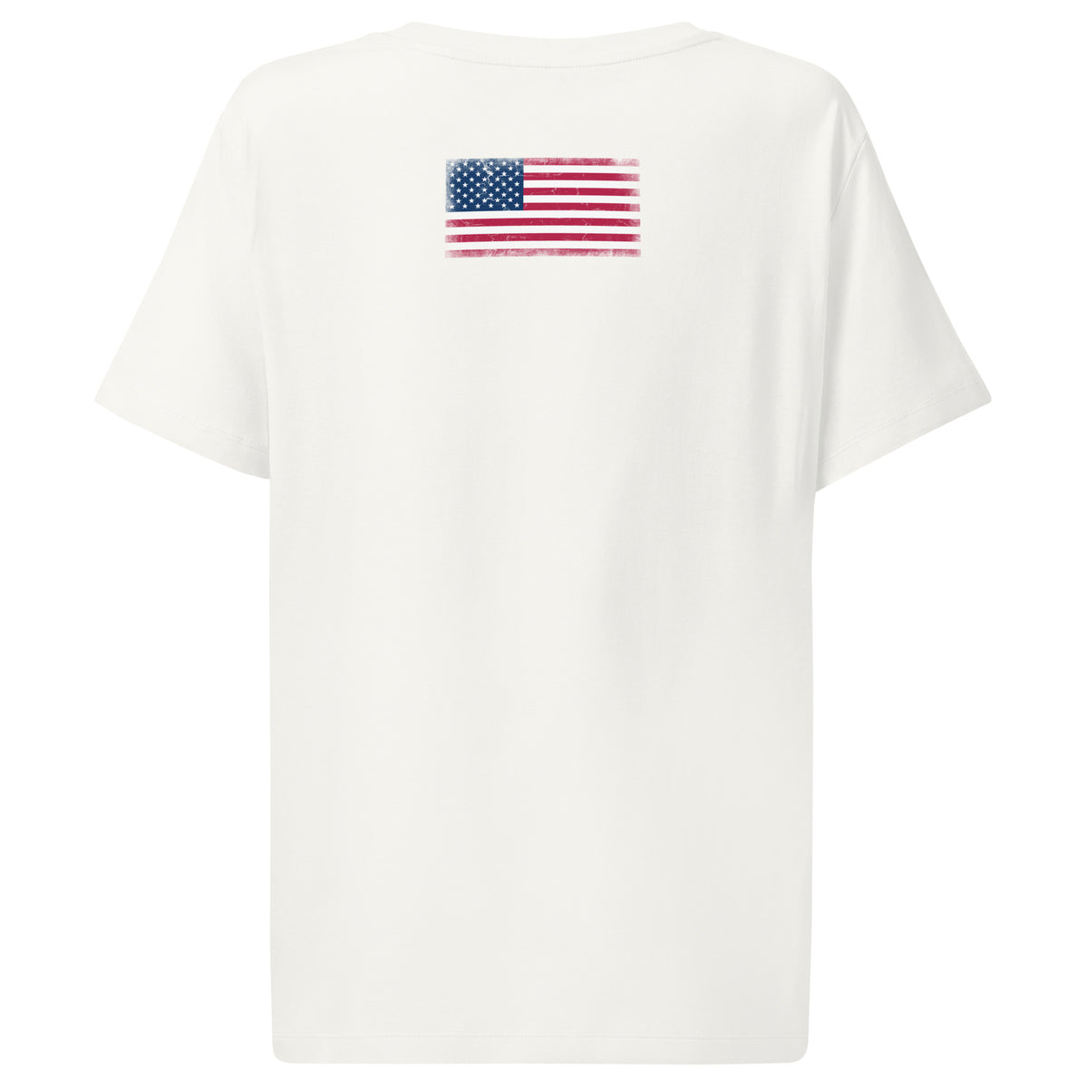 USA flag t-shirt in White, vintage-washed print, flag across the upper back, women cut, back view