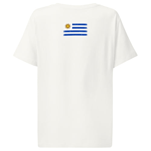 Uruguay flag t-shirt in Off White, vintage-washed print, flag across the upper back, women cut, back view