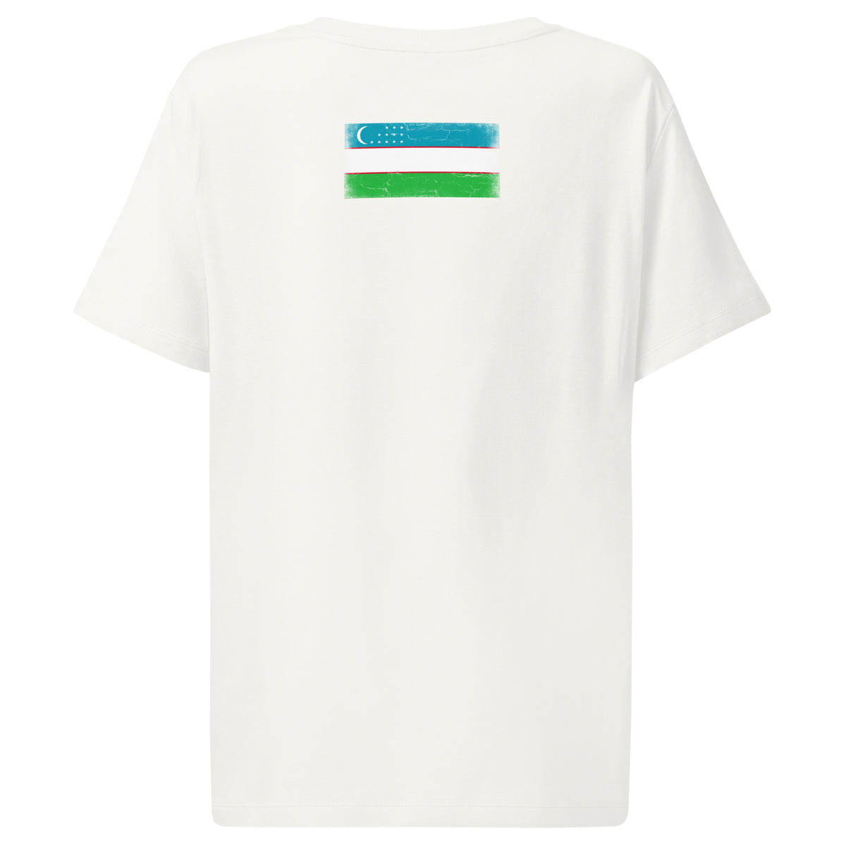 Uzbekistan flag t-shirt in Off White, vintage-washed print, flag across the upper back, women cut, back view