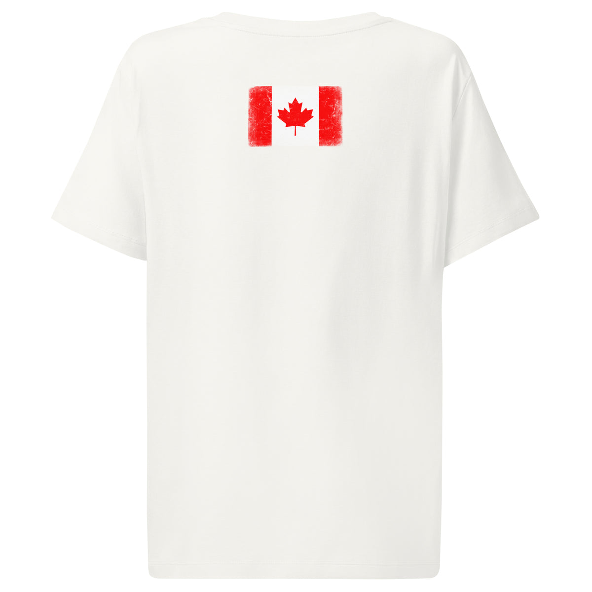 Canada flag t-shirt in White, vintage-washed print, flag across the upper back, women cut, back view