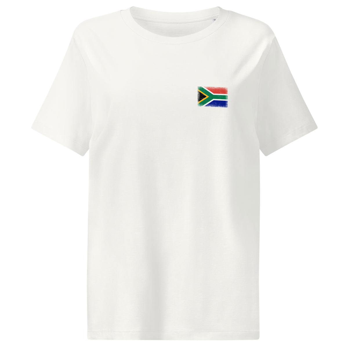 South Africa flag t-shirt in Off White, vintage-washed print, small flag on the left chest, women cut, front view