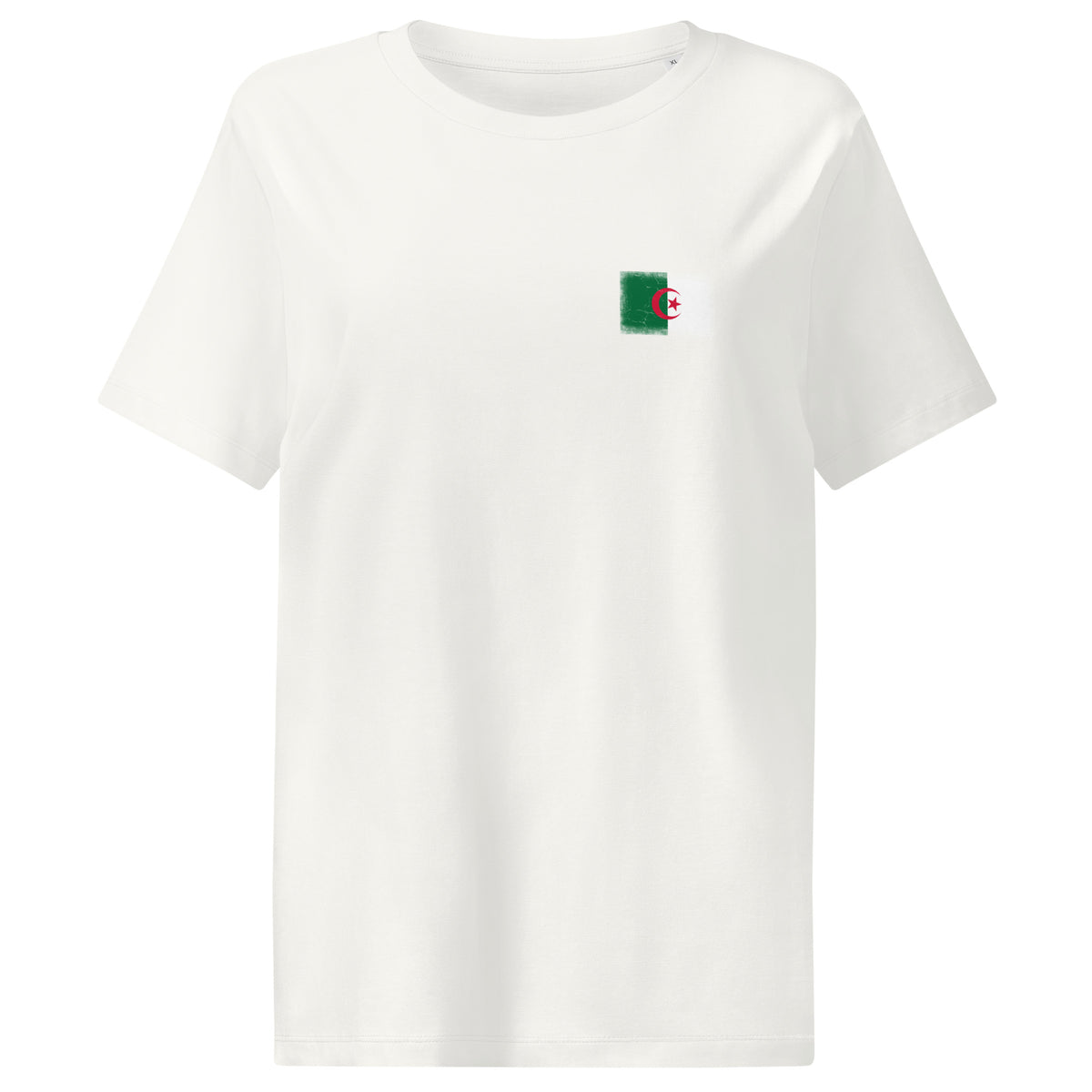 Algeria flag t-shirt in Off White, vintage-washed print, small flag on the left chest, women cut, front view