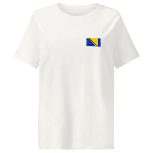 Bosnia and Herzegovina flag t-shirt in Off White, vintage-washed print, small flag on the left chest, women cut, front view
