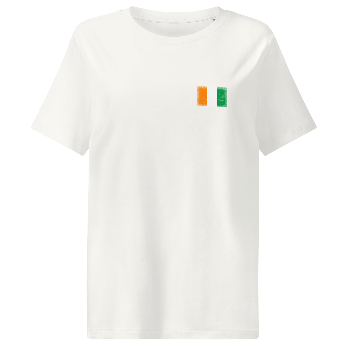 Côte d'Ivoire flag t-shirt in Off White, vintage-washed print, small flag on the left chest, women cut, front view