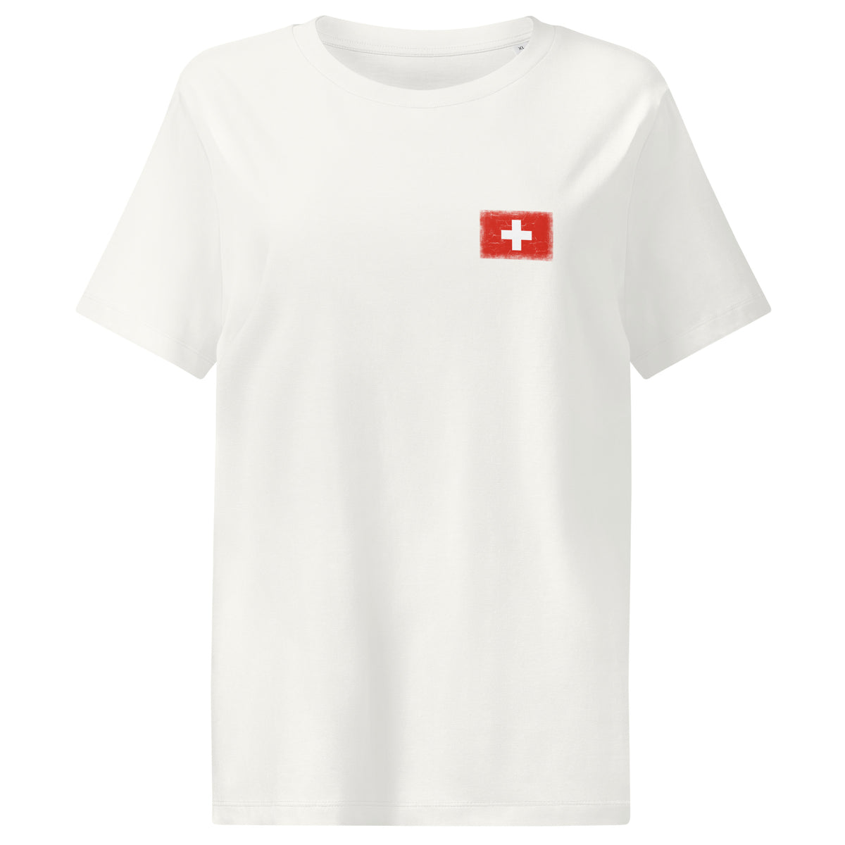 Switzerland flag t-shirt in Off White, vintage-washed print, small flag on the left chest, women cut, front view