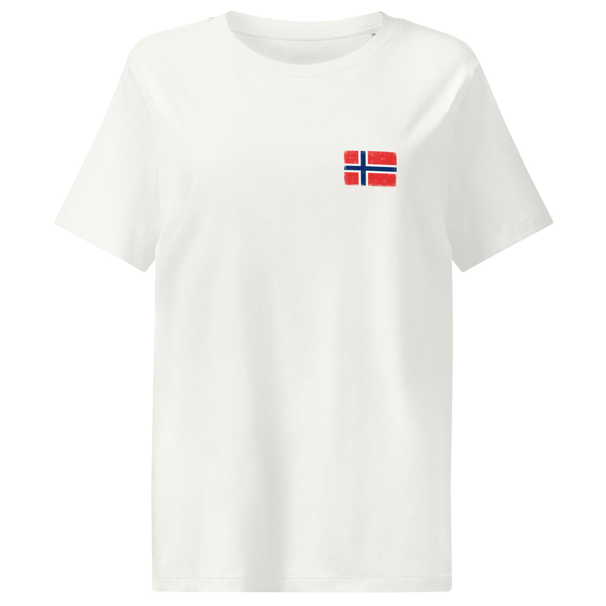 Norway flag t-shirt in Off White, vintage-washed print, small flag on the left chest, women cut, front view