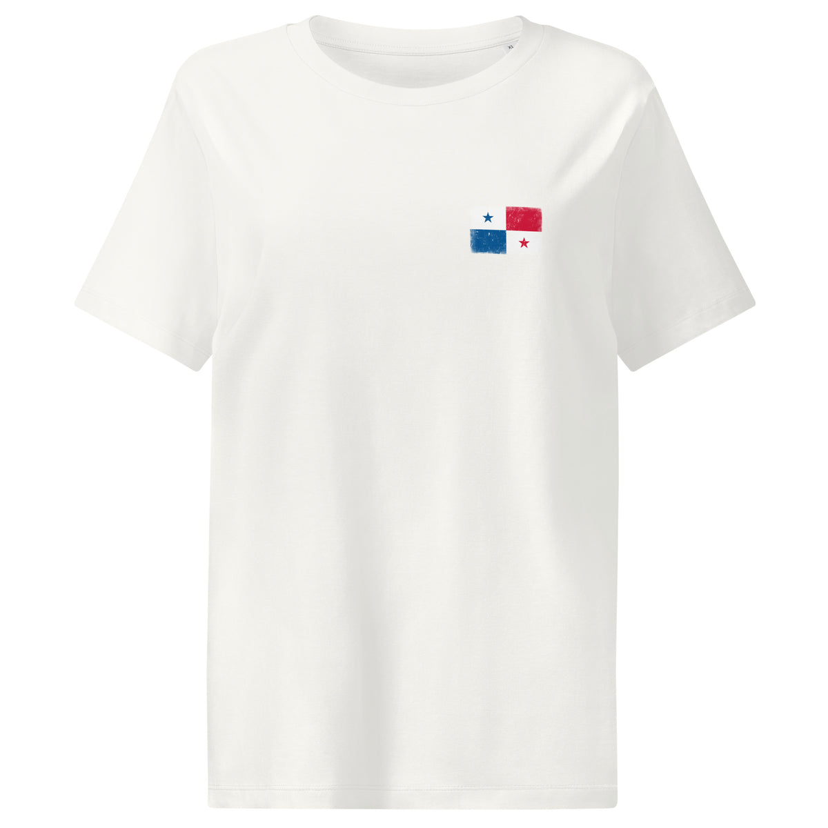 Panama flag t-shirt in Off White, vintage-washed print, small flag on the left chest, women cut, front view