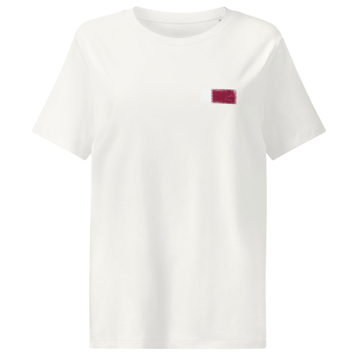 Qatar flag t-shirt in White, vintage-washed print, small flag on the left chest, women cut, front view