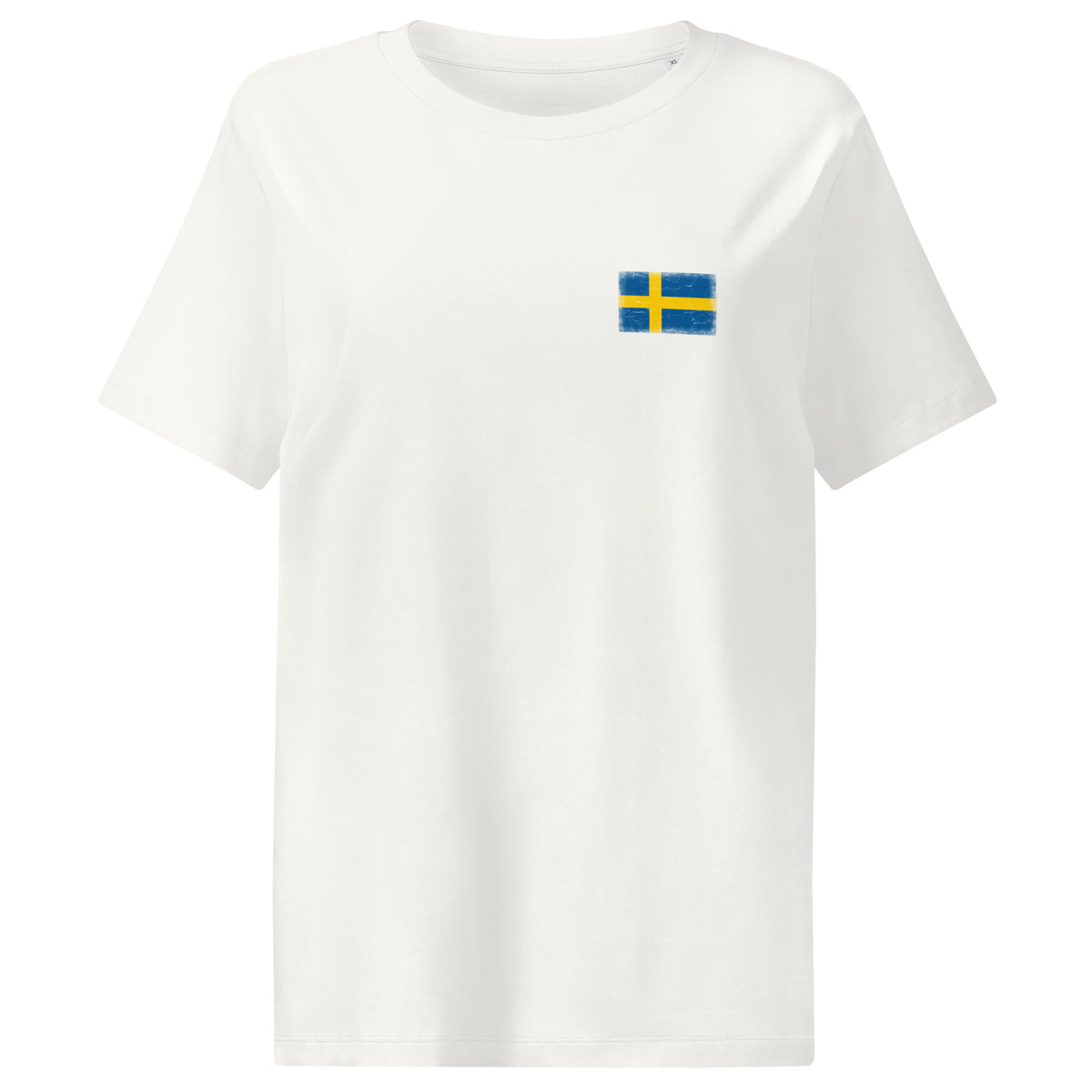 Sweden flag t-shirt in Off White, vintage-washed print, small flag on the left chest, women cut, front view