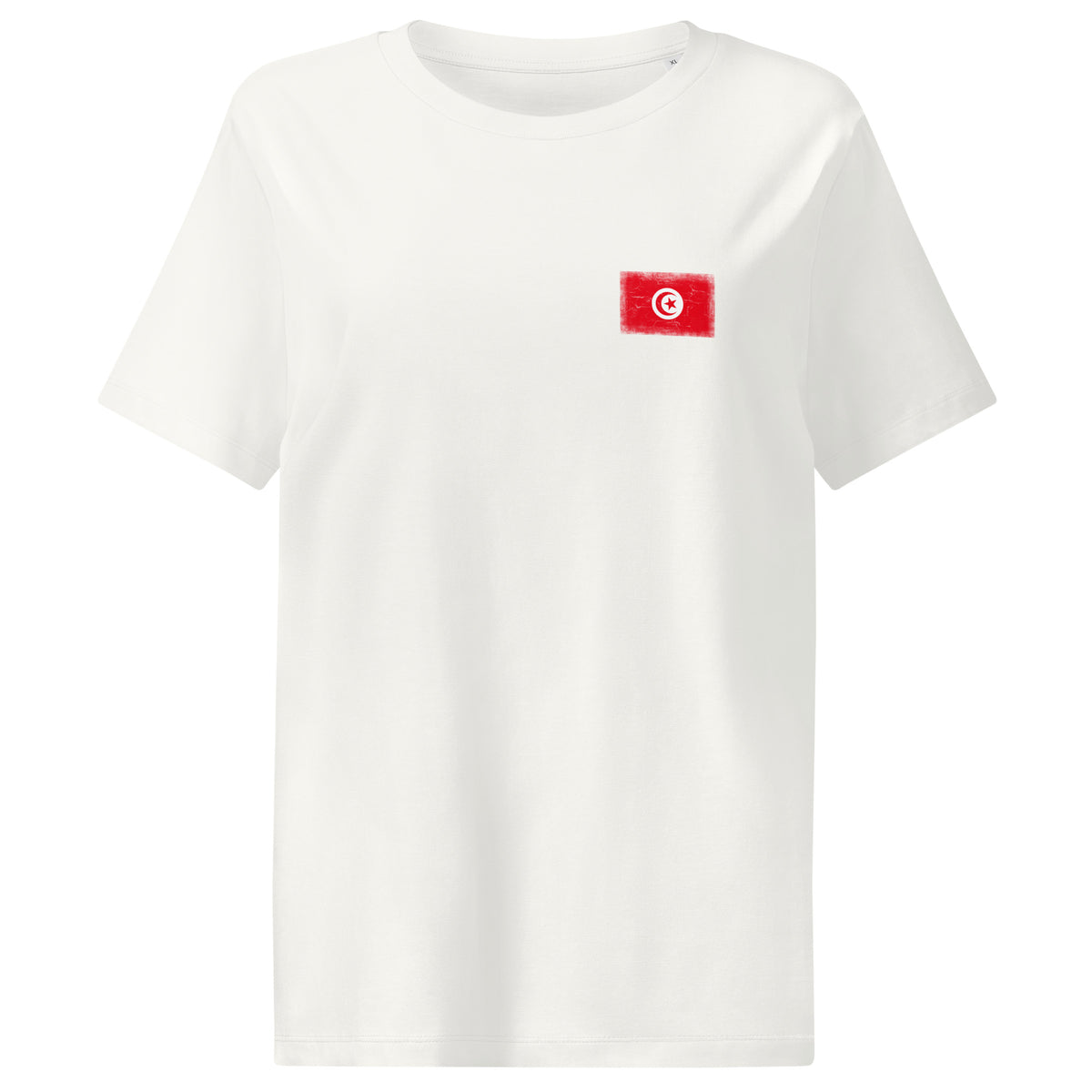 Tunisia flag t-shirt in Off White, vintage-washed print, small flag on the left chest, women cut, front view