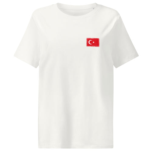 Turkey flag t-shirt in Off White, vintage-washed print, small flag on the left chest, women cut, front view