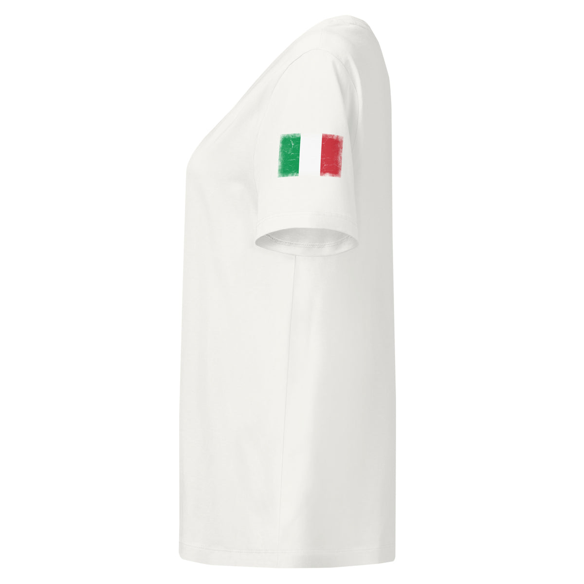 Italy flag t-shirt in Off White, vintage-washed print, flag badge on the left sleeve, women cut, side view