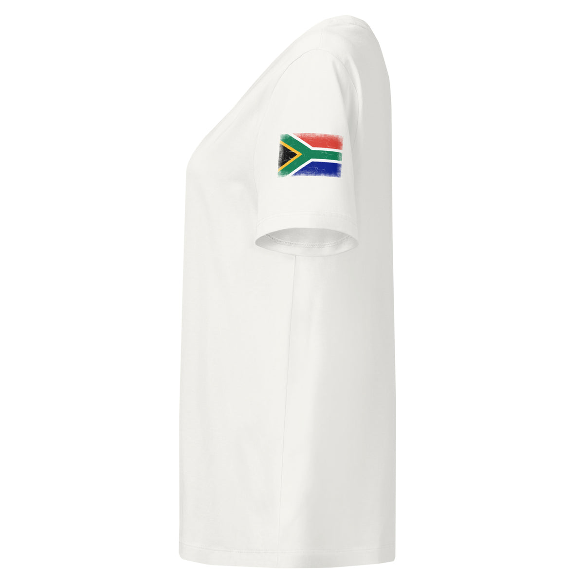 South Africa flag t-shirt in Off White, vintage-washed print, flag badge on the left sleeve, women cut, side view