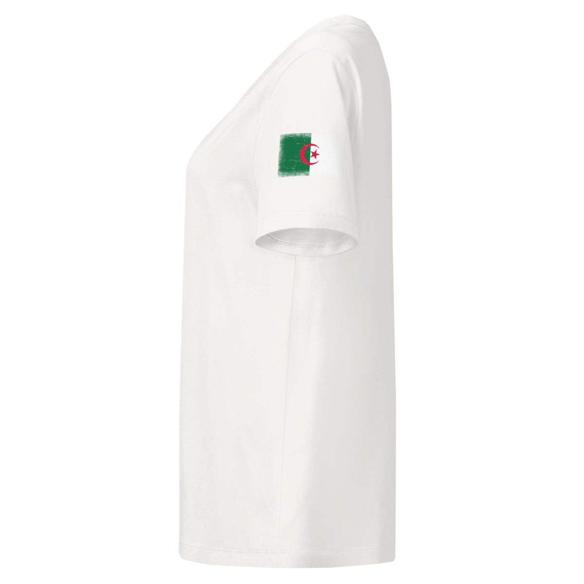 Algeria flag t-shirt in Off White, vintage-washed print, flag badge on the left sleeve, women cut, side view