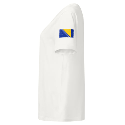 Bosnia and Herzegovina flag t-shirt in Off White, vintage-washed print, flag badge on the left sleeve, women cut, side view